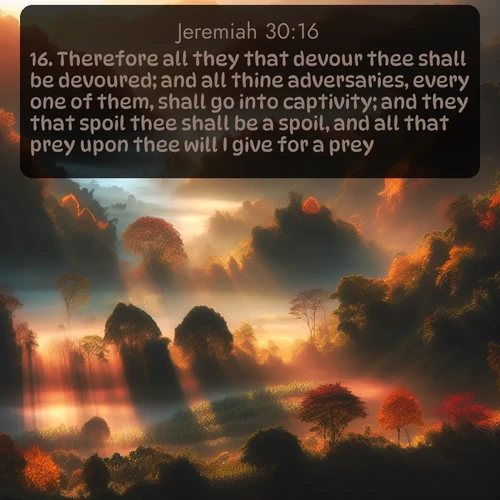 citation biblique : 16. Therefore all they that devour thee shall be devoured; and all thine adversaries, every one of them, shall go into captivity; and they that spoil thee shall be a spoil, and all that prey upon thee will I give for a prey.
 sur fond image nature