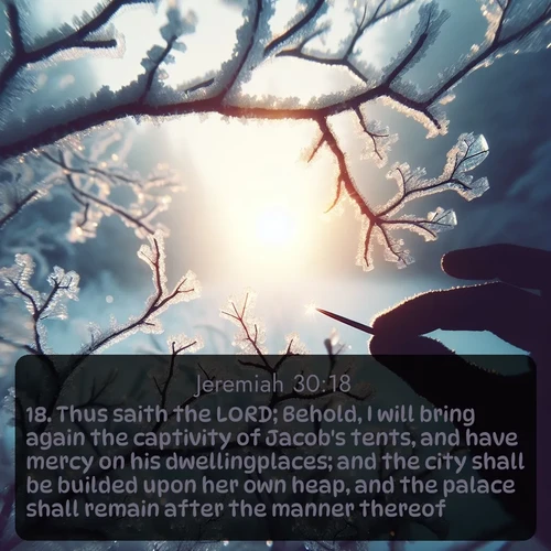 citation biblique : 18. Thus saith the LORD; Behold, I will bring again the captivity of Jacob&#039;s tents, and have mercy on his dwellingplaces; and the city shall be builded upon her own heap, and the palace shall remain after the manner thereof.
 sur fond image nature