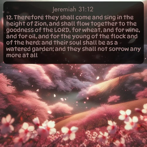 citation biblique : 12. Therefore they shall come and sing in the height of Zion, and shall flow together to the goodness of the LORD, for wheat, and for wine, and for oil, and for the young of the flock and of the herd: and their soul shall be as a watered garden; and they shall not sorrow any more at all.
 sur fond image nature
