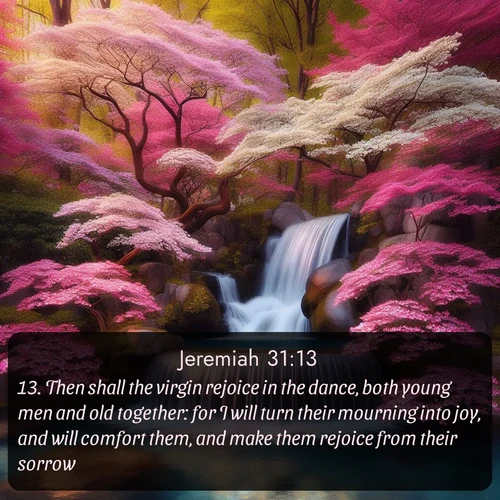 citation biblique : 13. Then shall the virgin rejoice in the dance, both young men and old together: for I will turn their mourning into joy, and will comfort them, and make them rejoice from their sorrow.
 sur fond image nature