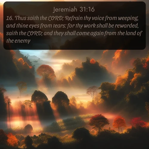citation biblique : 16. Thus saith the LORD; Refrain thy voice from weeping, and thine eyes from tears: for thy work shall be rewarded, saith the LORD; and they shall come again from the land of the enemy.
 sur fond image nature