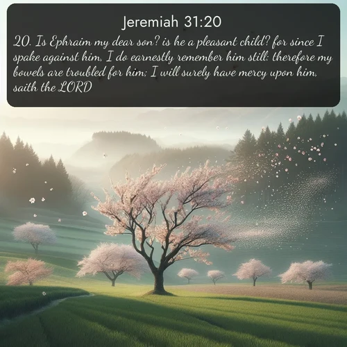 citation biblique : 20. Is Ephraim my dear son? is he a pleasant child? for since I spake against him, I do earnestly remember him still: therefore my bowels are troubled for him; I will surely have mercy upon him, saith the LORD.
 sur fond image nature