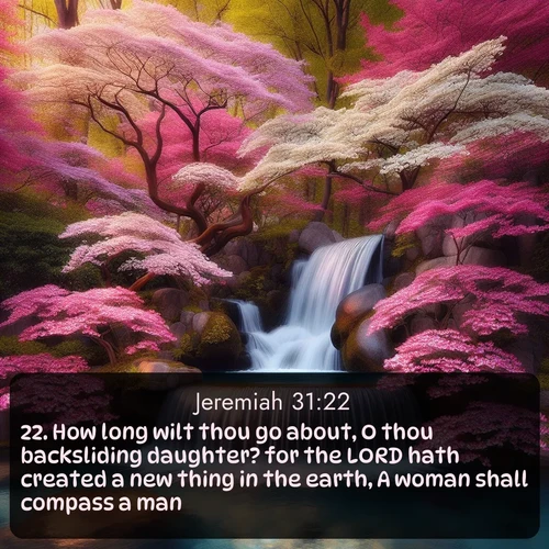 citation biblique : 22. How long wilt thou go about, O thou backsliding daughter? for the LORD hath created a new thing in the earth, A woman shall compass a man.
 sur fond image nature