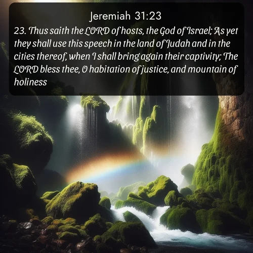 citation biblique : 23. Thus saith the LORD of hosts, the God of Israel; As yet they shall use this speech in the land of Judah and in the cities thereof, when I shall bring again their captivity; The LORD bless thee, O habitation of justice, and mountain of holiness.
 sur fond image nature