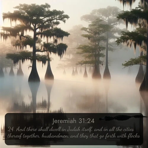 citation biblique : 24. And there shall dwell in Judah itself, and in all the cities thereof together, husbandmen, and they that go forth with flocks.
 sur fond image nature