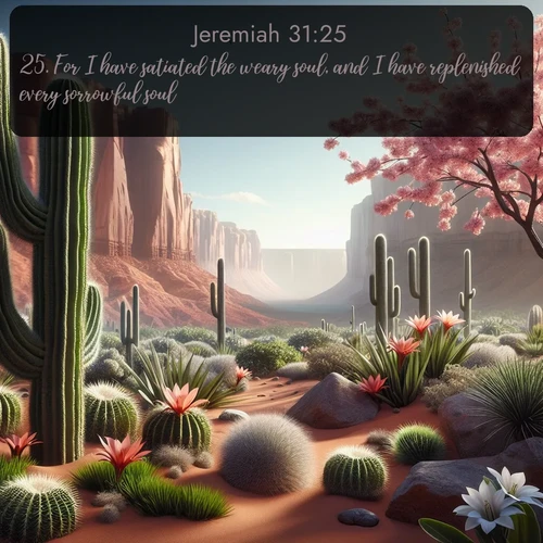 KJV Jeremiah  ; image nature: image with the bible verse :For I have satiated the weary soul, and I have replenished every sorrowful soul. ; Dive into our collection of Bible verse images beautifully illustrated with beach photos, featuring gentle waves, sunsets over the sea, and sandy shores. These scenes evoke the peace and majesty of God. Download and share inspiring verses like KJV Jeremiah 31:25. Current verse is overlayed with the thematic nature scene : Desert cacti burst with spring blooms against red sandstone formations. ; 31:25