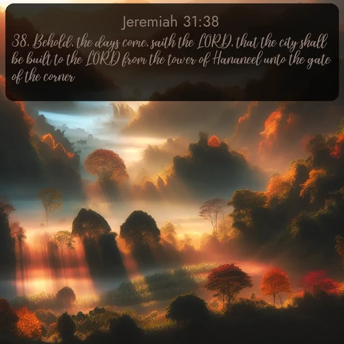 citation biblique : 38. Behold, the days come, saith the LORD, that the city shall be built to the LORD from the tower of Hananeel unto the gate of the corner.
 sur fond image nature