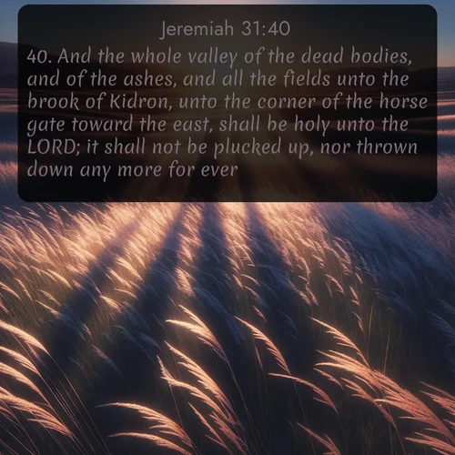 citation biblique : 40. And the whole valley of the dead bodies, and of the ashes, and all the fields unto the brook of Kidron, unto the corner of the horse gate toward the east, shall be holy unto the LORD; it shall not be plucked up, nor thrown down any more for ever.
 sur fond image nature