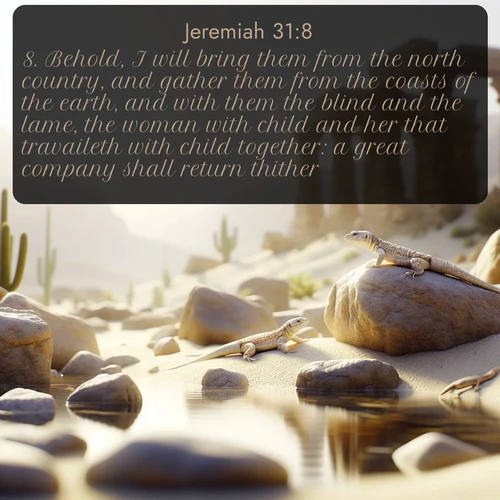 citation biblique : 8. Behold, I will bring them from the north country, and gather them from the coasts of the earth, and with them the blind and the lame, the woman with child and her that travaileth with child together: a great company shall return thither.
 sur fond image nature