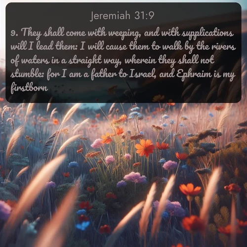 citation biblique : 9. They shall come with weeping, and with supplications will I lead them: I will cause them to walk by the rivers of waters in a straight way, wherein they shall not stumble: for I am a father to Israel, and Ephraim is my firstborn.
 sur fond image nature