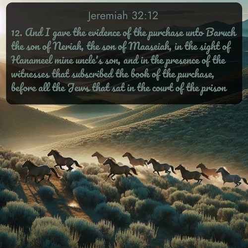 KJV Jeremiah  ; image nature: image with the bible verse :And I gave the evidence of the purchase unto Baruch the son of Neriah, the son of Maaseiah, in the sight of Hanameel mine uncle&#039;s son, and in the presence of the witnesses that subscribed the book of the purchase, before all the Jews that sat in the court of the prison. ; Admire our free collection of Bible verse images with beautiful landscapes like sunlit forests, rippling waters, and radiant dawns. Each verse, such as KJV Jeremiah 32:12, is ready to download and share. Current verse is overlayed with the thematic nature scene : Wild mustangs gallop across sage-covered hills in the morning light. ; 32:12