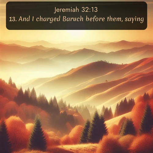 KJV Jeremiah  ; image nature: image with the bible verse :And I charged Baruch before them, saying, ; Admire Bible verse images illustrated by summer photos, such as sunny beaches, sparkling waves, and swaying palm trees. These bright scenes highlight the joy and warmth of God&#039;s creation. Download and share verses like KJV Jeremiah 32:13. Current verse is overlayed with the thematic nature scene : Autumn colors paint hillsides in warm earth tones. ; 32:13
