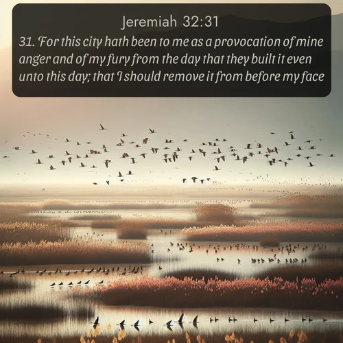 KJV Jeremiah  ; image nature: image with the bible verse :For this city hath been to me as a provocation of mine anger and of my fury from the day that they built it even unto this day; that I should remove it from before my face, ; Discover beautiful Bible verse images enriched with natural landscapes, from serene beaches to cascading waterfalls. All images are free and ready to download. Share verses such as KJV Jeremiah 32:31. Current verse is overlayed with the thematic nature scene : Spring migration fills marshlands with calling birds. ; 32:31