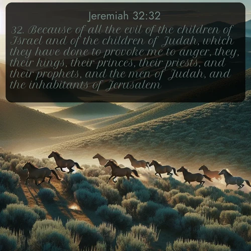 KJV Jeremiah  ; image nature: image with the bible verse :Because of all the evil of the children of Israel and of the children of Judah, which they have done to provoke me to anger, they, their kings, their princes, their priests, and their prophets, and the men of Judah, and the inhabitants of Jerusalem. ; Explore Bible verses combined with serene beach photos, desert dunes, and infinite skies, highlighting God&#039;s majesty in every landscape. Download and share inspiring verses like KJV Jeremiah 32:32. Current verse is overlayed with the thematic nature scene : Wild mustangs gallop across sage-covered hills in the morning light. ; 32:32