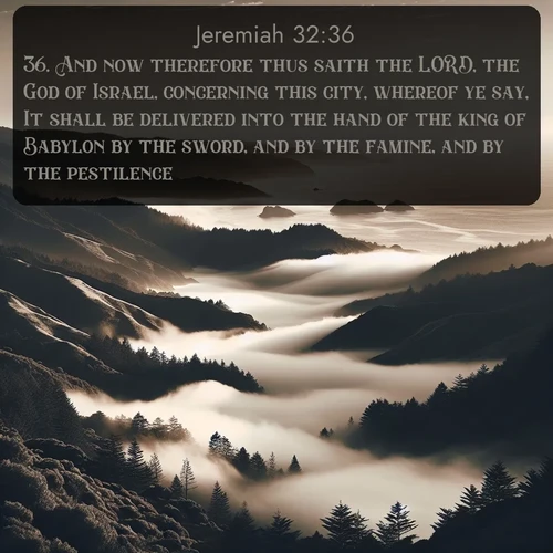citation biblique : 36. And now therefore thus saith the LORD, the God of Israel, concerning this city, whereof ye say, It shall be delivered into the hand of the king of Babylon by the sword, and by the famine, and by the pestilence;
 sur fond image nature