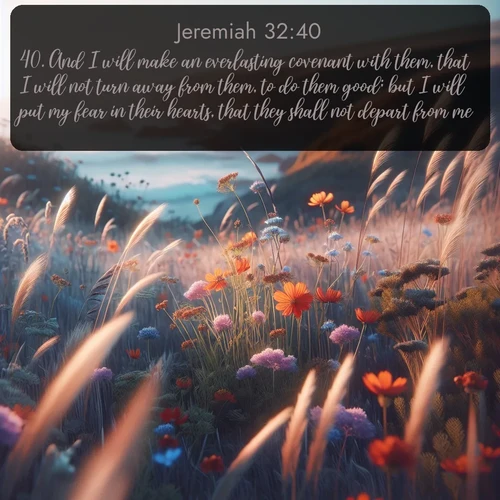 KJV Jeremiah  ; image nature: image with the bible verse :And I will make an everlasting covenant with them, that I will not turn away from them, to do them good; but I will put my fear in their hearts, that they shall not depart from me. ; Explore our gallery of inspiring Bible verse images showcasing divine beauty through nature. Download scenic images like snowy peaks, lush meadows, or radiant sunsets paired with verses like KJV Jeremiah 32:40. Current verse is overlayed with the thematic nature scene : Summer wildflowers wave in the breeze on coastal bluffs. ; 32:40