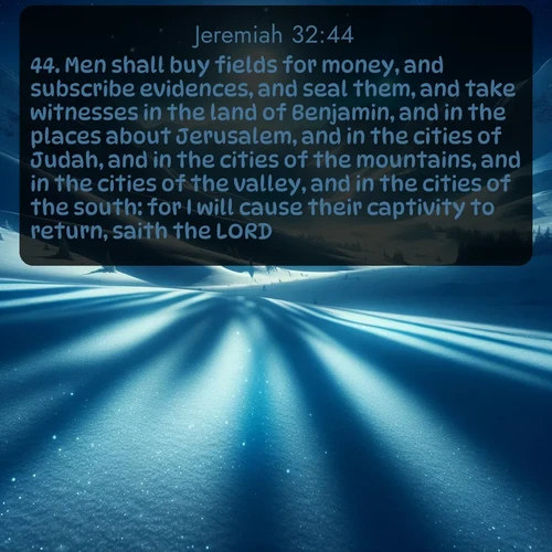 KJV Jeremiah  ; image nature: image with the bible verse :Men shall buy fields for money, and subscribe evidences, and seal them, and take witnesses in the land of Benjamin, and in the places about Jerusalem, and in the cities of Judah, and in the cities of the mountains, and in the cities of the valley, and in the cities of the south: for I will cause their captivity to return, saith the LORD. ; Download high-resolution Bible verse images showcasing the beauty of God&#039;s creation—from radiant sunsets to tranquil rivers. Free for use as wallpapers or sharing verses like KJV Jeremiah 32:44. Current verse is overlayed with the thematic nature scene : Moonlight illuminates the snowy mountain peaks, casting blue shadows across untouched powder. ; 32:44