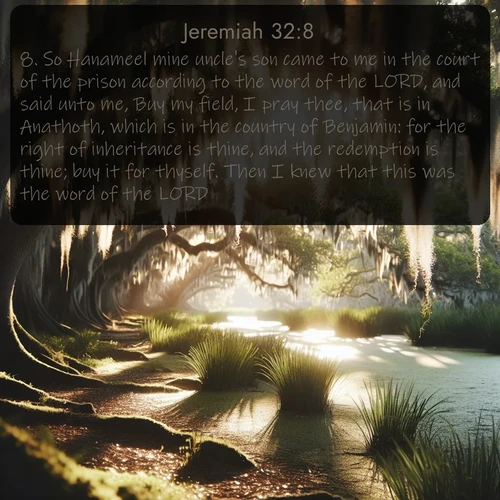 citation biblique : 8. So Hanameel mine uncle&#039;s son came to me in the court of the prison according to the word of the LORD, and said unto me, Buy my field, I pray thee, that is in Anathoth, which is in the country of Benjamin: for the right of inheritance is thine, and the redemption is thine; buy it for thyself. Then I knew that this was the word of the LORD.
 sur fond image nature