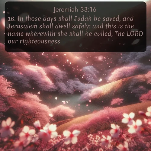 citation biblique : 16. In those days shall Judah be saved, and Jerusalem shall dwell safely: and this is the name wherewith she shall be called, The LORD our righteousness.
 sur fond image nature