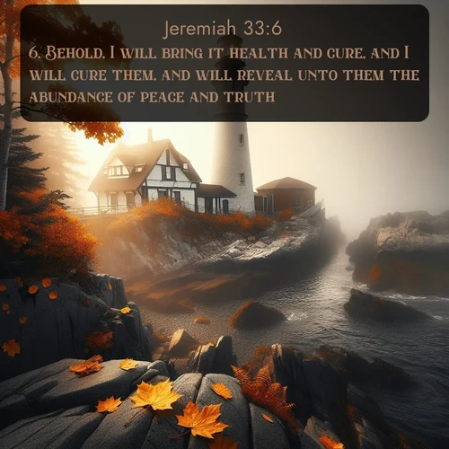 citation biblique : 6. Behold, I will bring it health and cure, and I will cure them, and will reveal unto them the abundance of peace and truth.
 sur fond image nature