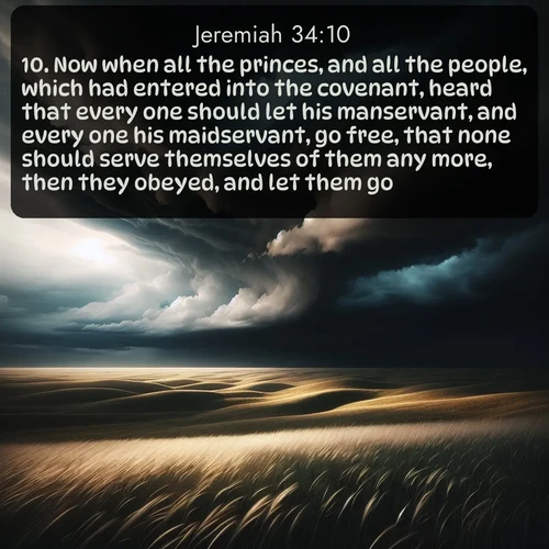 citation biblique : 10. Now when all the princes, and all the people, which had entered into the covenant, heard that every one should let his manservant, and every one his maidservant, go free, that none should serve themselves of them any more, then they obeyed, and let them go.
 sur fond image nature