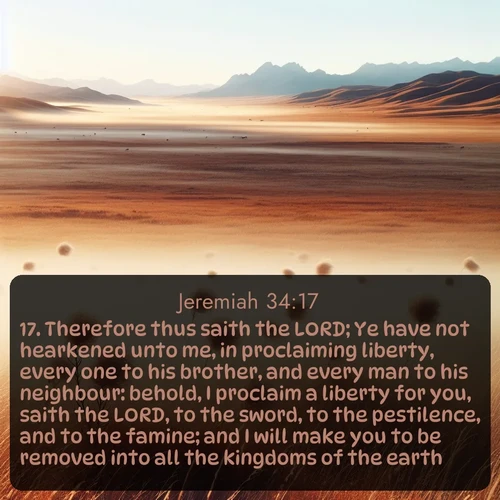 citation biblique : 17. Therefore thus saith the LORD; Ye have not hearkened unto me, in proclaiming liberty, every one to his brother, and every man to his neighbour: behold, I proclaim a liberty for you, saith the LORD, to the sword, to the pestilence, and to the famine; and I will make you to be removed into all the kingdoms of the earth.
 sur fond image nature