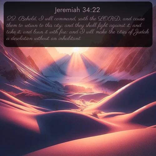 citation biblique : 22. Behold, I will command, saith the LORD, and cause them to return to this city; and they shall fight against it, and take it, and burn it with fire: and I will make the cities of Judah a desolation without an inhabitant.
 sur fond image nature
