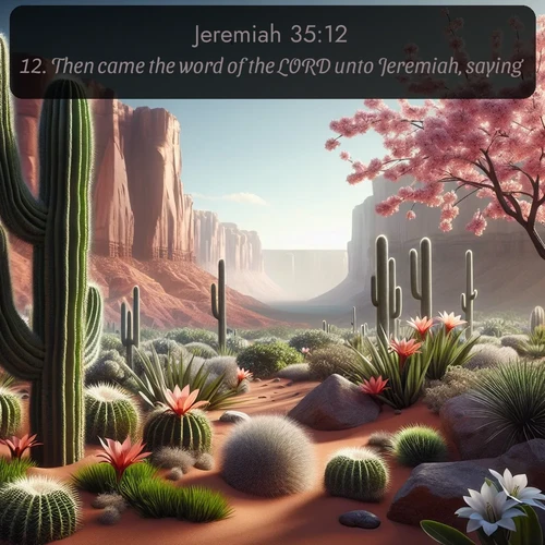 KJV Jeremiah  ; image nature: image with the bible verse :Then came the word of the LORD unto Jeremiah, saying, ; Explore a collection of free Bible verse images paired with serene landscapes like golden beaches, verdant forests, and clear blue skies. Each image is ideal for desktop or phone wallpapers. Share verses like KJV Jeremiah 35:12. Current verse is overlayed with the thematic nature scene : Desert cacti burst with spring blooms against red sandstone formations. ; 35:12