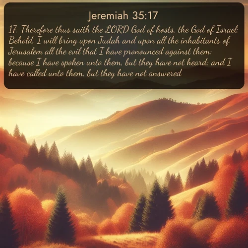 KJV Jeremiah  ; image nature: image with the bible verse :Therefore thus saith the LORD God of hosts, the God of Israel; Behold, I will bring upon Judah and upon all the inhabitants of Jerusalem all the evil that I have pronounced against them: because I have spoken unto them, but they have not heard; and I have called unto them, but they have not answered. ; Discover Bible images illustrated by desert landscapes, like sand dunes, majestic rocks, and starry skies. These images symbolize the grandeur and immensity of God&#039;s creation. Download verses like KJV Jeremiah 35:17. Current verse is overlayed with the thematic nature scene : Autumn colors paint hillsides in warm earth tones. ; 35:17
