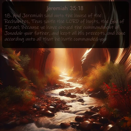 citation biblique : 18. And Jeremiah said unto the house of the Rechabites, Thus saith the LORD of hosts, the God of Israel; Because ye have obeyed the commandment of Jonadab your father, and kept all his precepts, and done according unto all that he hath commanded you:
 sur fond image nature