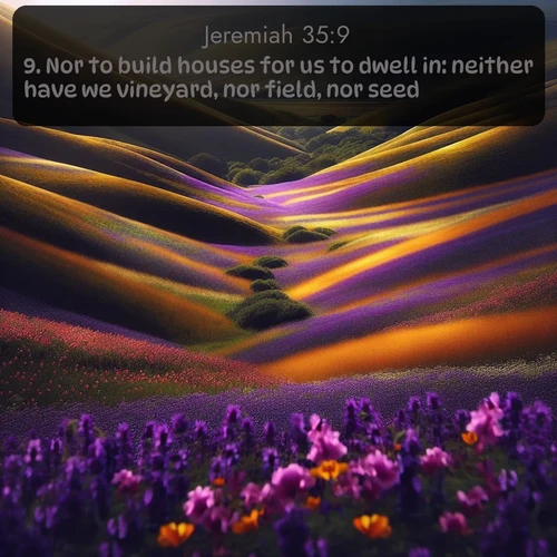 citation biblique : 9. Nor to build houses for us to dwell in: neither have we vineyard, nor field, nor seed:
 sur fond image nature
