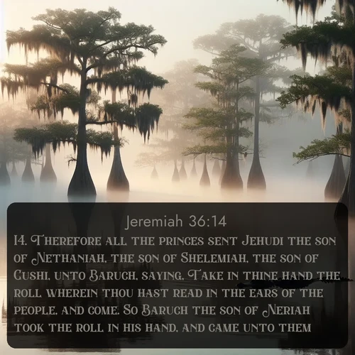 citation biblique : 14. Therefore all the princes sent Jehudi the son of Nethaniah, the son of Shelemiah, the son of Cushi, unto Baruch, saying, Take in thine hand the roll wherein thou hast read in the ears of the people, and come. So Baruch the son of Neriah took the roll in his hand, and came unto them.
 sur fond image nature