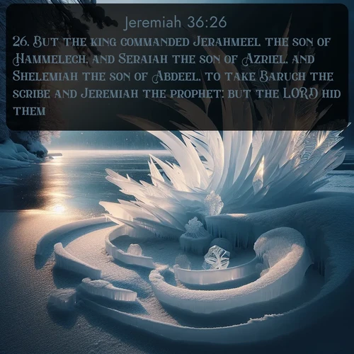 citation biblique : 26. But the king commanded Jerahmeel the son of Hammelech, and Seraiah the son of Azriel, and Shelemiah the son of Abdeel, to take Baruch the scribe and Jeremiah the prophet: but the LORD hid them.
 sur fond image nature