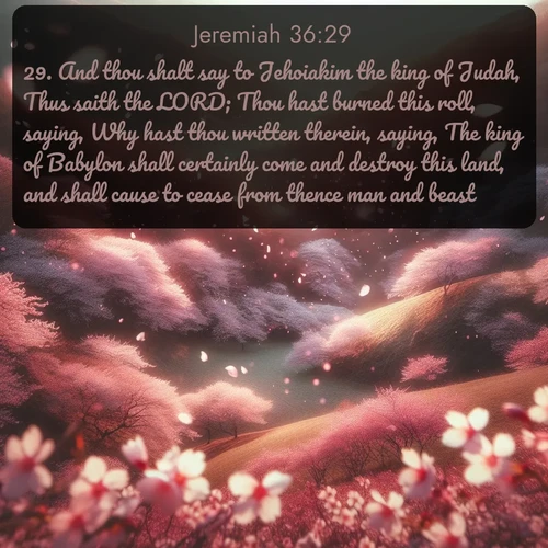 citation biblique : 29. And thou shalt say to Jehoiakim the king of Judah, Thus saith the LORD; Thou hast burned this roll, saying, Why hast thou written therein, saying, The king of Babylon shall certainly come and destroy this land, and shall cause to cease from thence man and beast?
 sur fond image nature