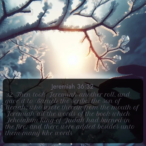 KJV Jeremiah  ; image nature: image with the bible verse :Then took Jeremiah another roll, and gave it to Baruch the scribe, the son of Neriah; who wrote therein from the mouth of Jeremiah all the words of the book which Jehoiakim king of Judah had burned in the fire: and there were added besides unto them many like words. ; Discover a unique collection of Bible verses adorned with winter landscapes, such as snow-covered forests, gently falling snowflakes, and pristine mountains. These images evoke the peace and purity of God&#039;s creation. Share verses like KJV Jeremiah 36:32. Current verse is overlayed with the thematic nature scene : Winter sunrise glows through ice-coated branches. ; 36:32