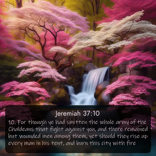 citation biblique : 10. For though ye had smitten the whole army of the Chaldeans that fight against you, and there remained but wounded men among them, yet should they rise up every man in his tent, and burn this city with fire.
 sur fond image nature