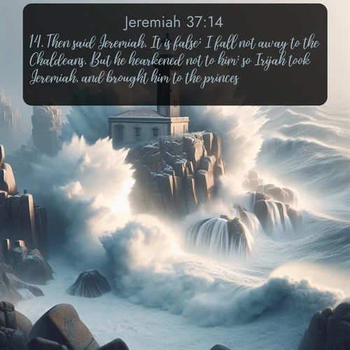 citation biblique : 14. Then said Jeremiah, It is false; I fall not away to the Chaldeans. But he hearkened not to him: so Irijah took Jeremiah, and brought him to the princes.
 sur fond image nature