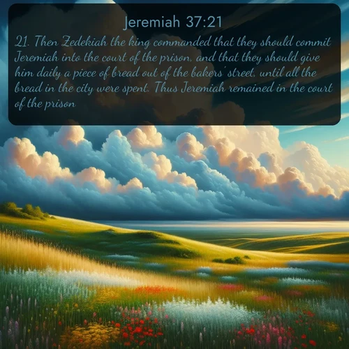 KJV Jeremiah  ; image nature: image with the bible verse :Then Zedekiah the king commanded that they should commit Jeremiah into the court of the prison, and that they should give him daily a piece of bread out of the bakers&#039; street, until all the bread in the city were spent. Thus Jeremiah remained in the court of the prison. ; Discover Bible verse images capturing the warmth of summer, with beach landscapes, sunlit fields, and clear skies. These bright scenes reflect divine joy. Share verses like KJV Jeremiah 37:21. Current verse is overlayed with the thematic nature scene : Summer thunderheads build over grasslands dotted with wildflowers. ; 37:21