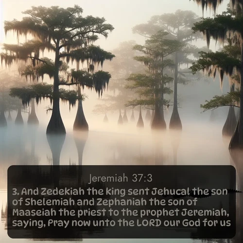 citation biblique : 3. And Zedekiah the king sent Jehucal the son of Shelemiah and Zephaniah the son of Maaseiah the priest to the prophet Jeremiah, saying, Pray now unto the LORD our God for us.
 sur fond image nature