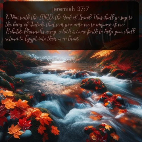 KJV Jeremiah  ; image nature: image with the bible verse :Thus saith the LORD, the God of Israel; Thus shall ye say to the king of Judah, that sent you unto me to inquire of me; Behold, Pharaoh&#039;s army, which is come forth to help you, shall return to Egypt into their own land. ; Admire Bible images representing autumn, with swirling leaves, misty skies, and vibrant trees. These images inspire profound spiritual reflection. Download and share verses like KJV Jeremiah 37:7. Current verse is overlayed with the thematic nature scene : Autumn leaves swirl in eddies along a mountain stream. ; 37:7