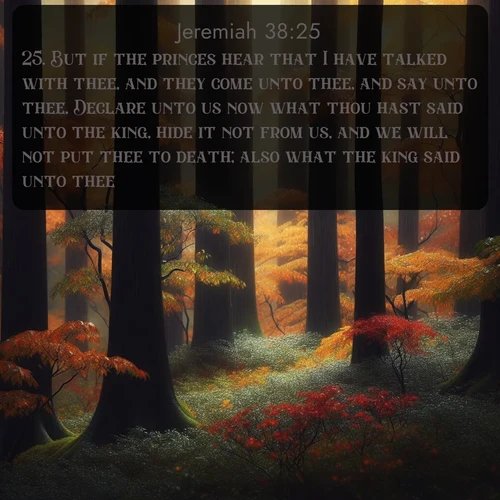 citation biblique : 25. But if the princes hear that I have talked with thee, and they come unto thee, and say unto thee, Declare unto us now what thou hast said unto the king, hide it not from us, and we will not put thee to death; also what the king said unto thee:
 sur fond image nature