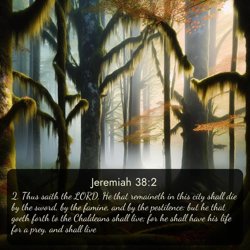 citation biblique : 2. Thus saith the LORD, He that remaineth in this city shall die by the sword, by the famine, and by the pestilence: but he that goeth forth to the Chaldeans shall live; for he shall have his life for a prey, and shall live.
 sur fond image nature