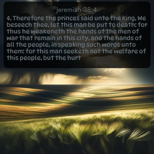 citation biblique : 4. Therefore the princes said unto the king, We beseech thee, let this man be put to death: for thus he weakeneth the hands of the men of war that remain in this city, and the hands of all the people, in speaking such words unto them: for this man seeketh not the welfare of this people, but the hurt.
 sur fond image nature