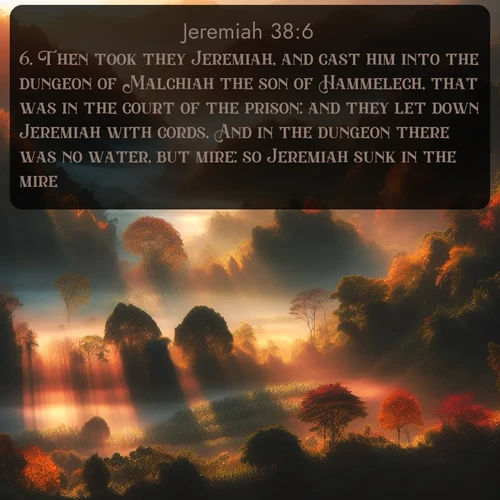 citation biblique : 6. Then took they Jeremiah, and cast him into the dungeon of Malchiah the son of Hammelech, that was in the court of the prison: and they let down Jeremiah with cords. And in the dungeon there was no water, but mire: so Jeremiah sunk in the mire.
 sur fond image nature