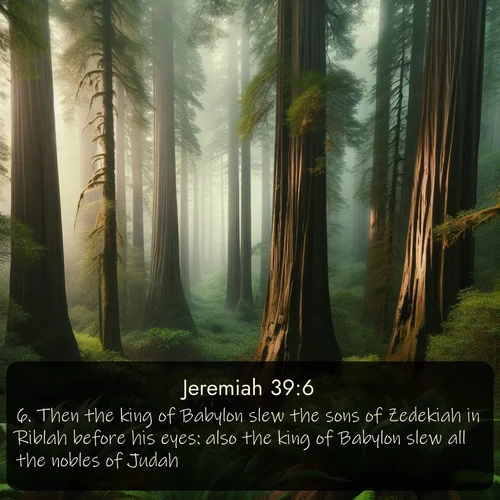 KJV Jeremiah 39:6 overlaying nature image scene: Coastal redwoods disappear into the fog high above a fern grove.;6. Then the king of Babylon slew the sons of Zedekiah in Riblah before his eyes: also the king of Babylon slew all the nobles of Judah.