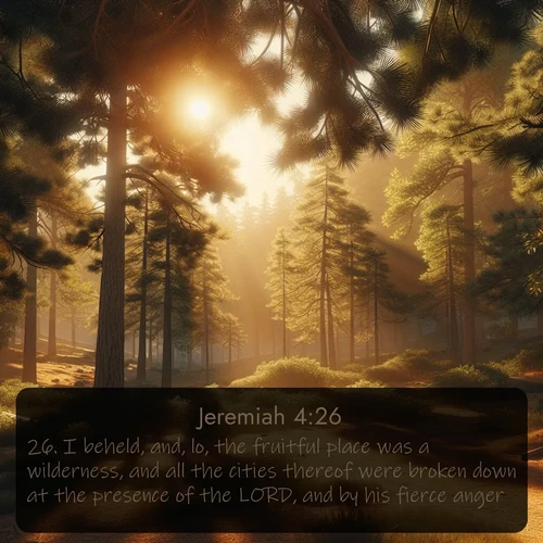 citation biblique : 26. I beheld, and, lo, the fruitful place was a wilderness, and all the cities thereof were broken down at the presence of the LORD, and by his fierce anger.
 sur fond image nature
