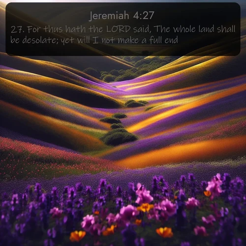 KJV Jeremiah  ; image nature: image with the bible verse :For thus hath the LORD said, The whole land shall be desolate; yet will I not make a full end. ; Discover our unique collection of Bible verse images integrated with photos showcasing the majesty of nature, such as rocky mountains, ancient trees, and crystal-clear lakes. These images feature luminous colors and text in varied fonts, reflecting the harmony of God&#039;s creation. Download verses like KJV Jeremiah 4:27. Current verse is overlayed with the thematic nature scene : Spring wildflowers carpet rolling hills in purple and gold. ; 4:27