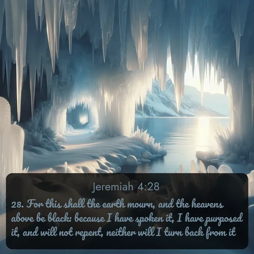KJV Jeremiah  ; image nature: image with the bible verse :For this shall the earth mourn, and the heavens above be black: because I have spoken it, I have purposed it, and will not repent, neither will I turn back from it. ; Discover a rich selection of Bible verse images illustrated by natural landscapes like tranquil beaches, golden fields, and majestic trees. These images aim to capture the peace and beauty of God&#039;s creation, with vibrant colors and varied typography. Download and share inspiring verses like KJV Jeremiah 4:28. Current verse is overlayed with the thematic nature scene : Winter ice forms crystal caves along lake cliffs. ; 4:28