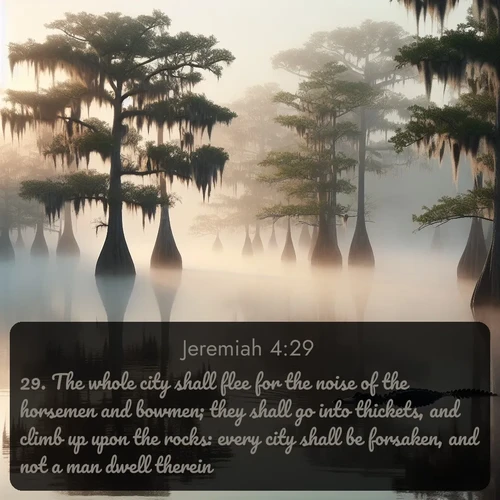 KJV Jeremiah  ; image nature: image with the bible verse :The whole city shall flee for the noise of the horsemen and bowmen; they shall go into thickets, and climb up upon the rocks: every city shall be forsaken, and not a man dwell therein. ; Explore Bible verses combined with serene beach photos, desert dunes, and infinite skies, highlighting God&#039;s majesty in every landscape. Download and share inspiring verses like KJV Jeremiah 4:29. Current verse is overlayed with the thematic nature scene : Morning fog clings to gnarled cypress trees in the swamp. An alligator glides silently through the dark water. ; 4:29
