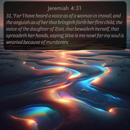 KJV Jeremiah  ; image nature: image with the bible verse :For I have heard a voice as of a woman in travail, and the anguish as of her that bringeth forth her first child, the voice of the daughter of Zion, that bewaileth herself, that spreadeth her hands, saying, Woe is me now! for my soul is wearied because of murderers. ; Explore a collection of Bible verses paired with springtime scenes, featuring blooming flowers, lush meadows, and trees in full bloom. These images symbolize divine renewal and hope. Download inspiring verses like KJV Jeremiah 4:31. Current verse is overlayed with the thematic nature scene : Tidal pools reflect sunset colors at low tide. ; 4:31